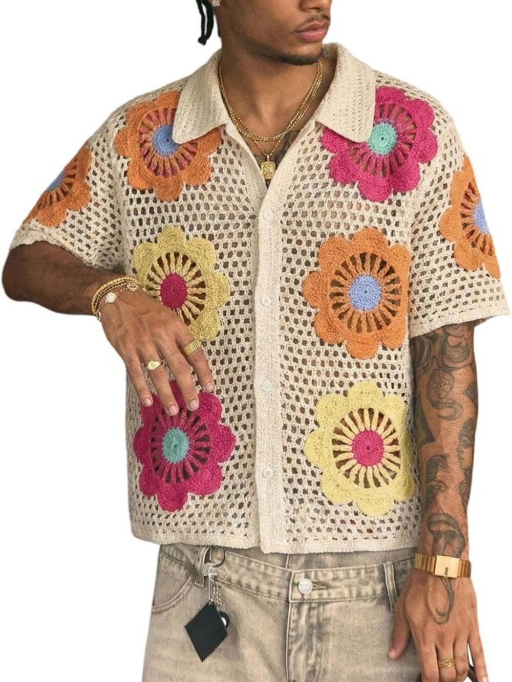 Men's Crochet Knit Button Down Shirt | Floral Hollow Out Beach Top, Summer Style